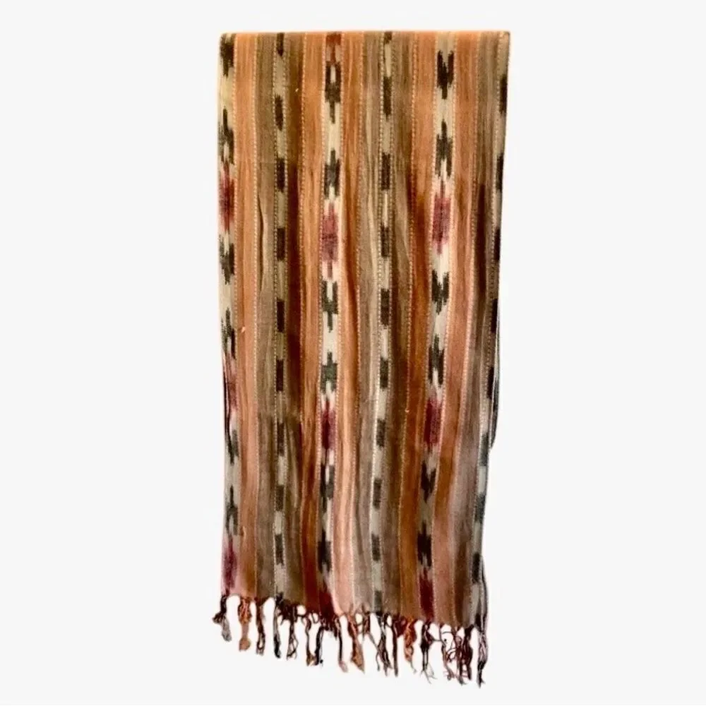 80’s Vintage Scarf Ikat Woven Orange/Cream/Brown/Red/Black